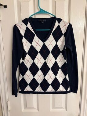 Tommy Hilfiger L129519 Womens Navy Ivy Argyle V-Neck Sweater Size Small
